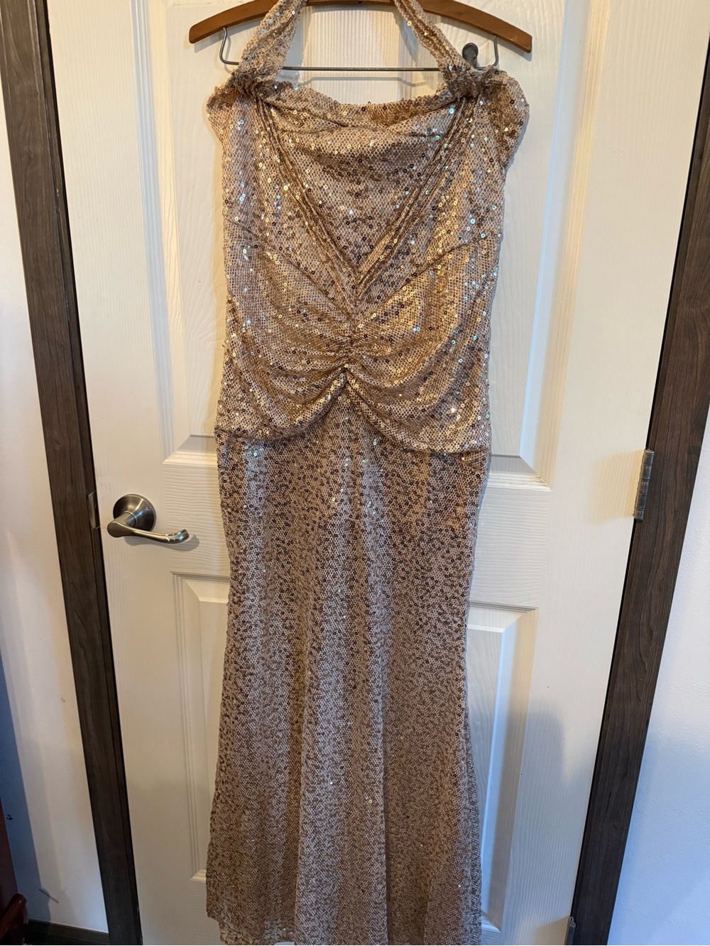 SHEIN Gold Sequin Halter Ruched Maxi Dress